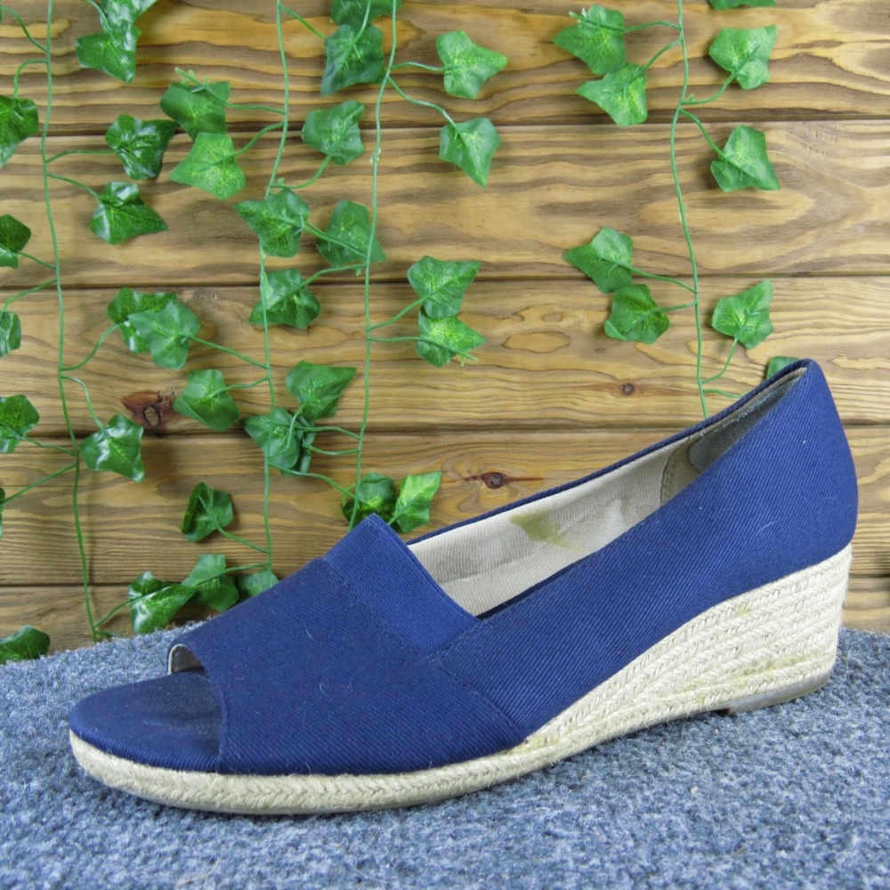 LifeStride Sola Women's Navy Fabric Wedge Peep Toe 9.5 Casual Comfort